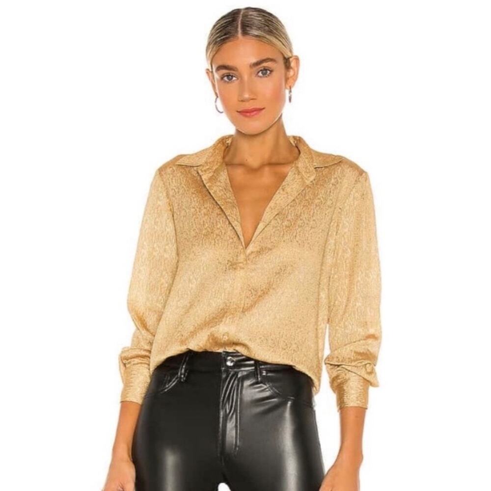 BB DAKOTA Gold Button Down Shirt Blouse Shine & Dandy Holiday Size Small NWT